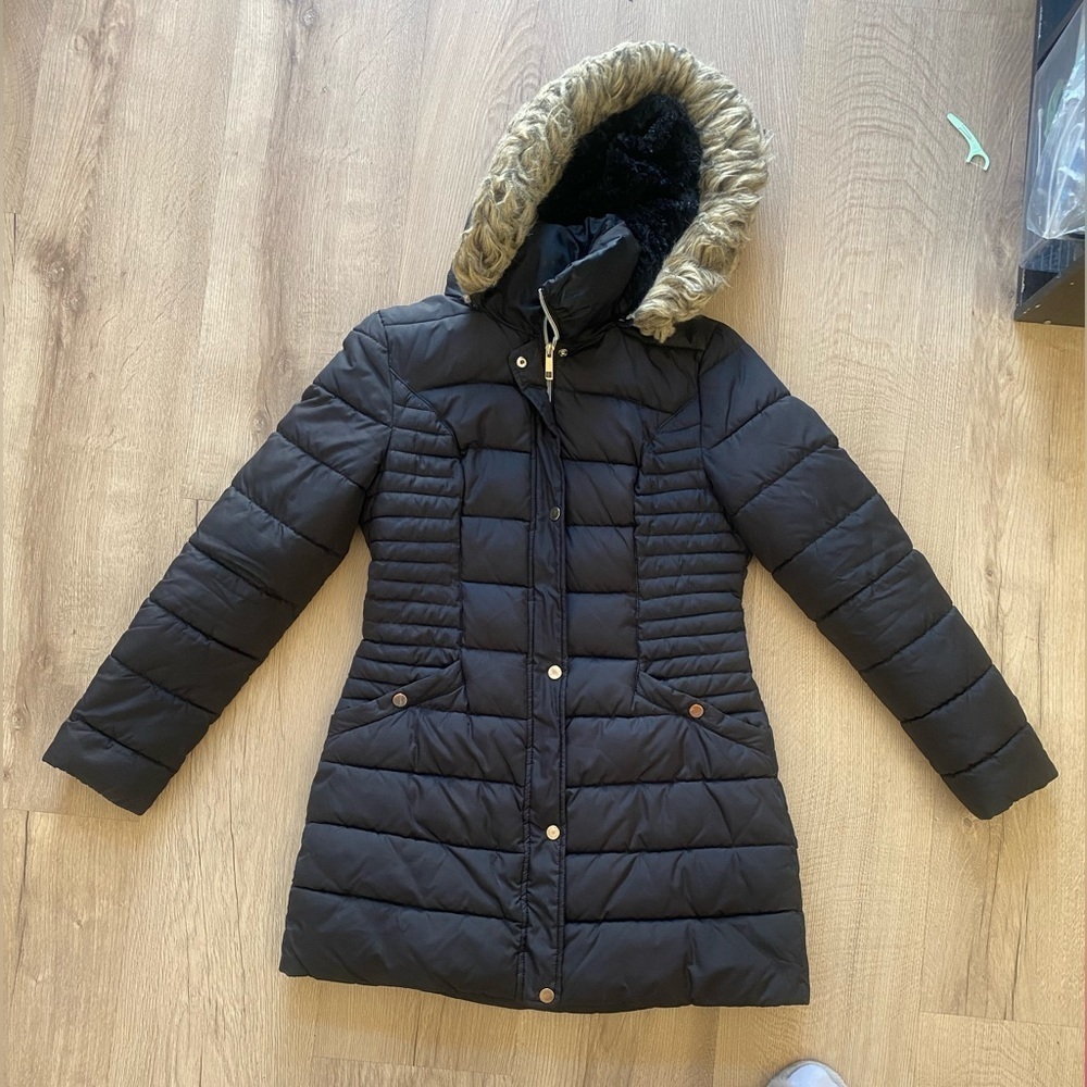 Inc faux fur trim hooded puffer coat